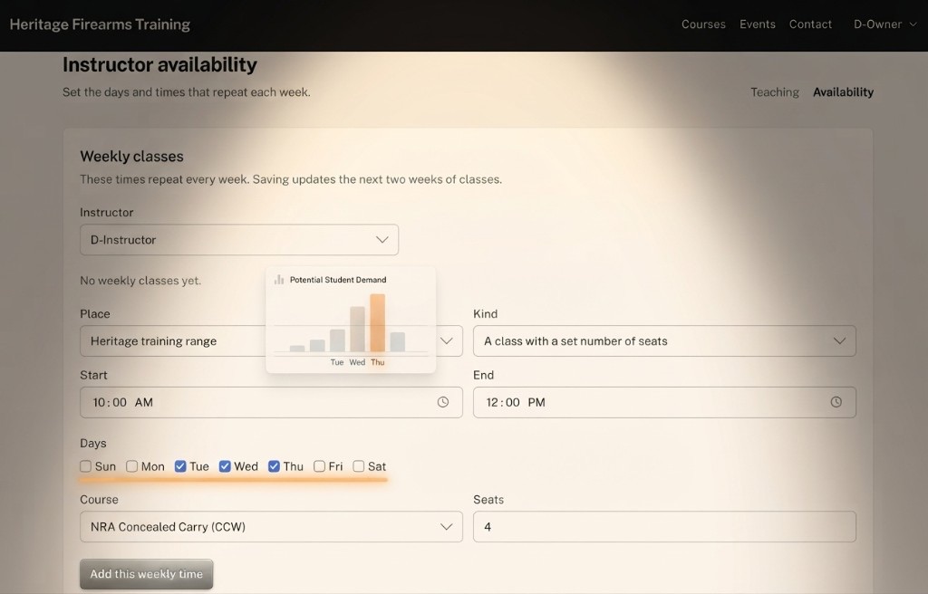Threshold15 instructor availability screen for scheduling recurring private classes.