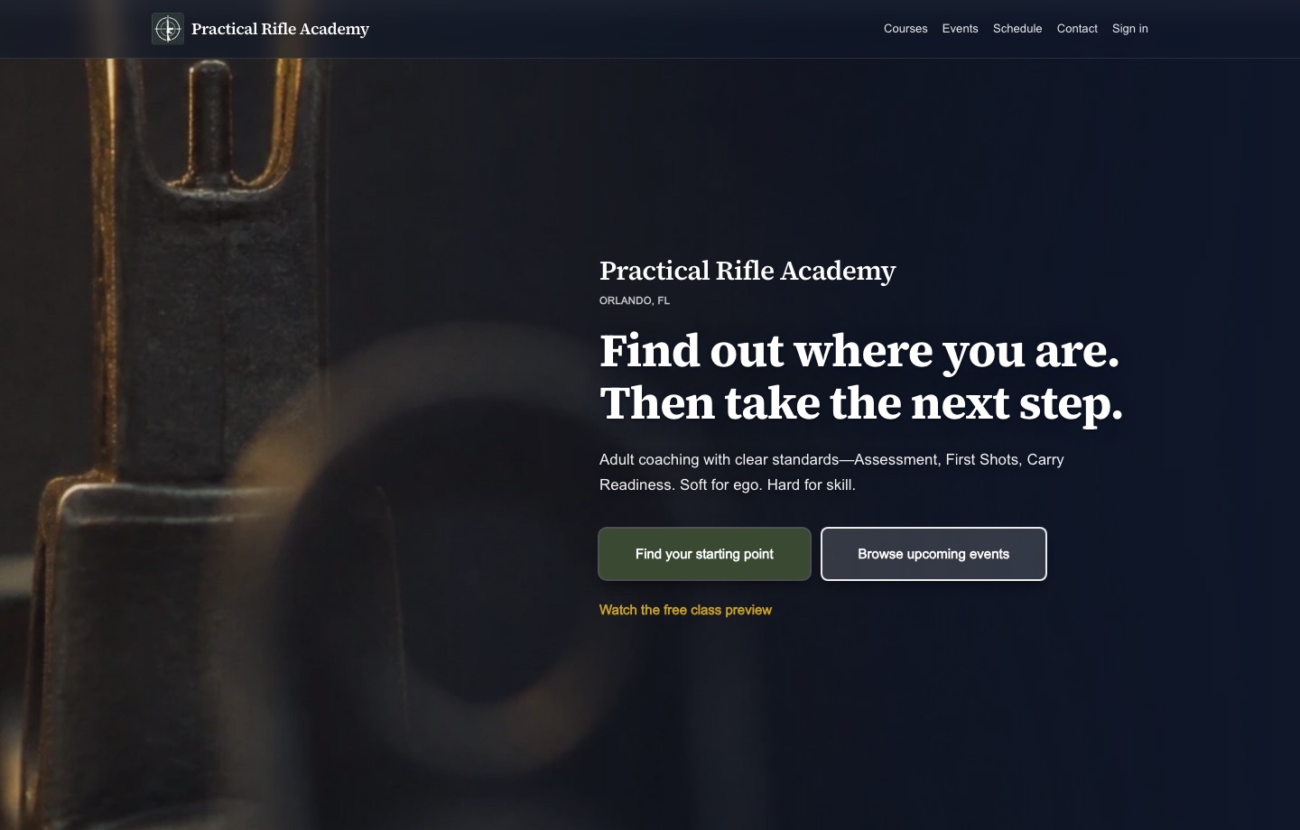 Practical Rifle Academy homepage running on Threshold15.
